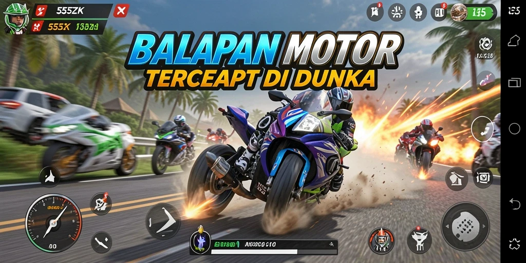 Screenshot menunjukkan aksi balap motor yang intens dan mendebarkan.