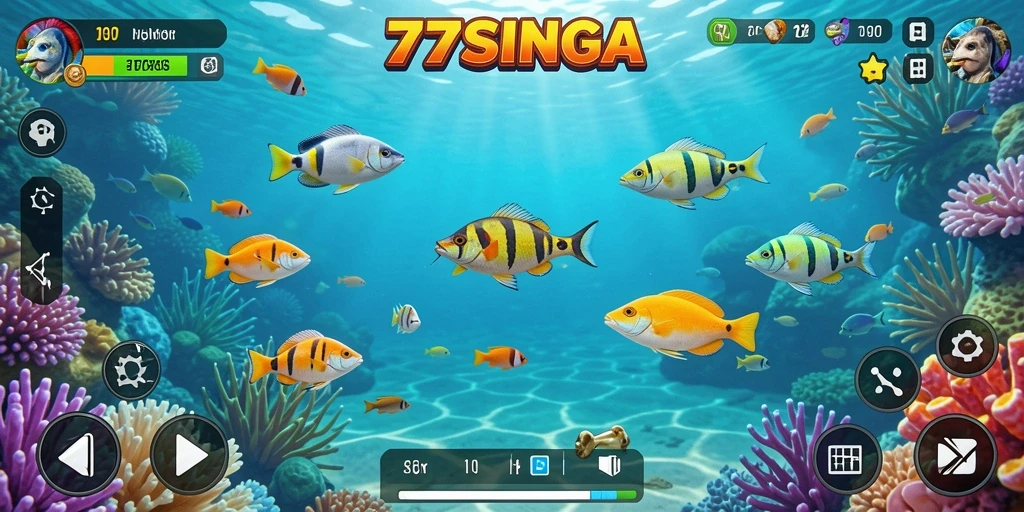 Screenshot gameplay 77SINGA menampilkan aksi menembak ikan yang seru.