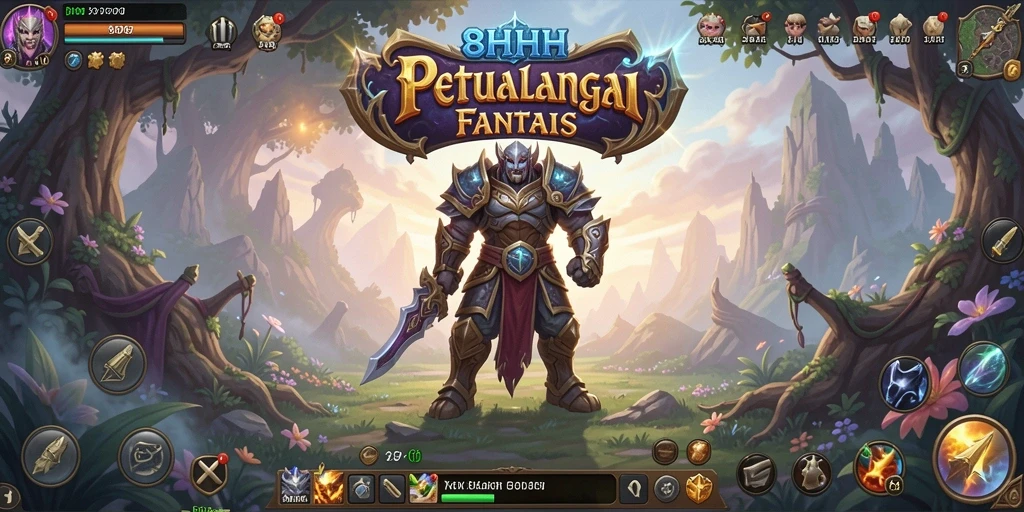 Screenshot gameplay 8HHH menampilkan pertempuran epik dan karakter yang kuat.