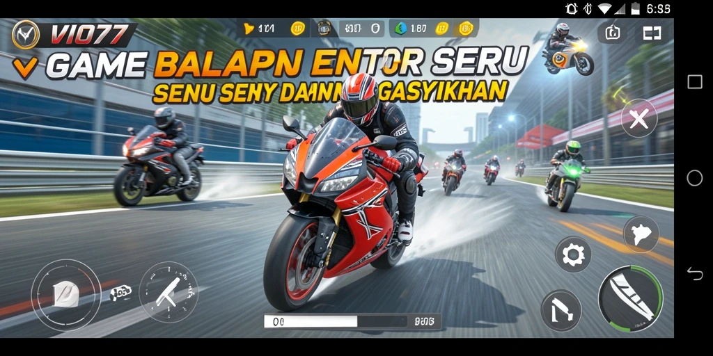 Tampilan gameplay menegangkan dari VIO77 saat balapan motor.